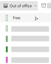 zobrazení formuláře pro vytvoření události. Zobrazuje otevřenou rozevírací nabídku Free/Busy s kurzorem, který najede na neklikanou možnost Free.