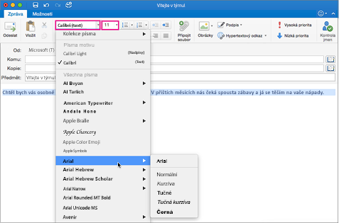 Výběr písma a velikosti písma v Outlooku pro Mac