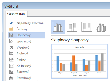 Dialogové okno Vložit graf se zobrazením výběru a náhledu grafů