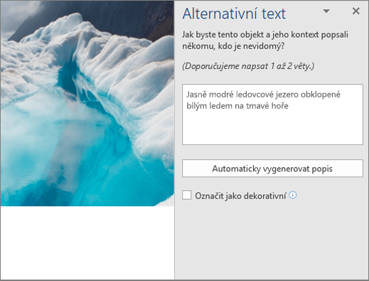 Nové dialogové okno Alternativní text zobrazující automaticky generovaný alternativní text ve Wordu