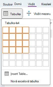 Snímek obrazovky s nabídkou Tabulka