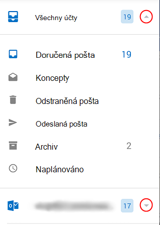 Zobrazí složky Outlooku se zakroužkovanými šipkami rozevíracího seznamu na pravé straně obrazovky.