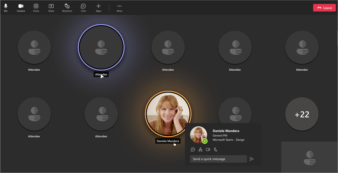Snímek obrazovky zobrazující zobrazení účastníků při skrytí jmen na schůzce nebo webináři Teams