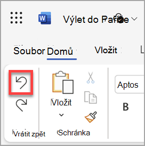 Tlačítko Zpět v Microsoft Word pro web.