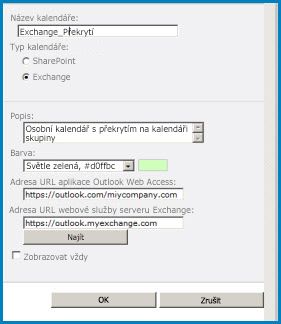 Snímek obrazovky s dialogovým oknem překryvného kalendáře na SharePointu Dialogové okno zobrazuje název kalendáře, typ kalendáře (Exchange) a poskytuje adresy URL pro Outlook Web Access a Exchange Web Access.