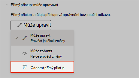 Snímek obrazovky OneNotu znázorňující, jak odebrat přístup k přímému sdílení