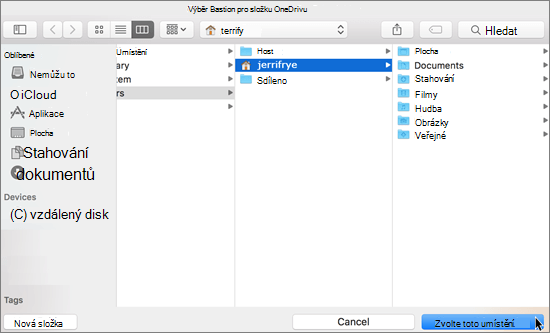 Snímek umístění výběru složky v průvodci Vítá vás OneDrive na Macu