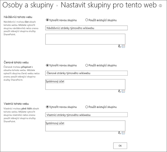 Dialogové okno pro nastavení skupin pro web