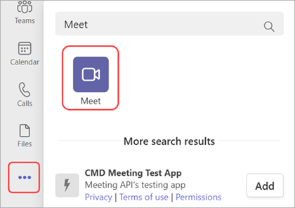 Snímek obrazovky znázorňuje, jak přidat aplikaci Meet v Teams.