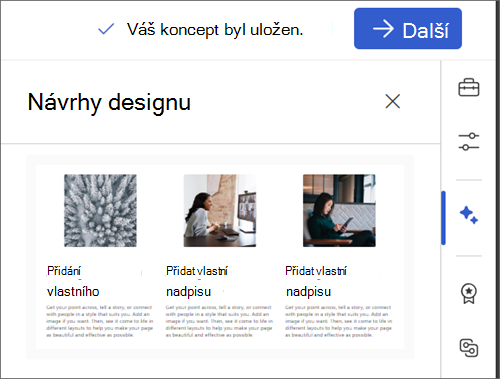 Snímek obrazovky s vybranou ikonou Návrhy designu