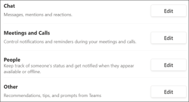 Snímek obrazovky s nastavením oznámení Teams pro chat, schůzky, lidi a další