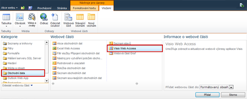 Přidání webové části Visio Web Access na web služby SharePoint