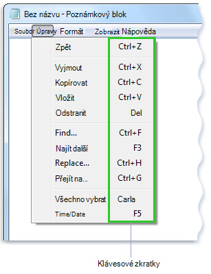 Obrázek nabídky Upravit v Poznámkovém bloku s klávesovou zkratkou vedle příkazů nabídky