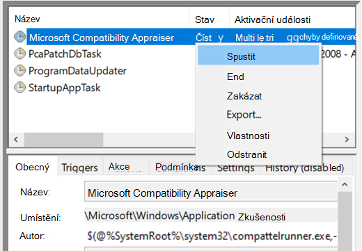 Spuštění nástroje Microsoft Compatibility Appraiser v Plánovači úloh.