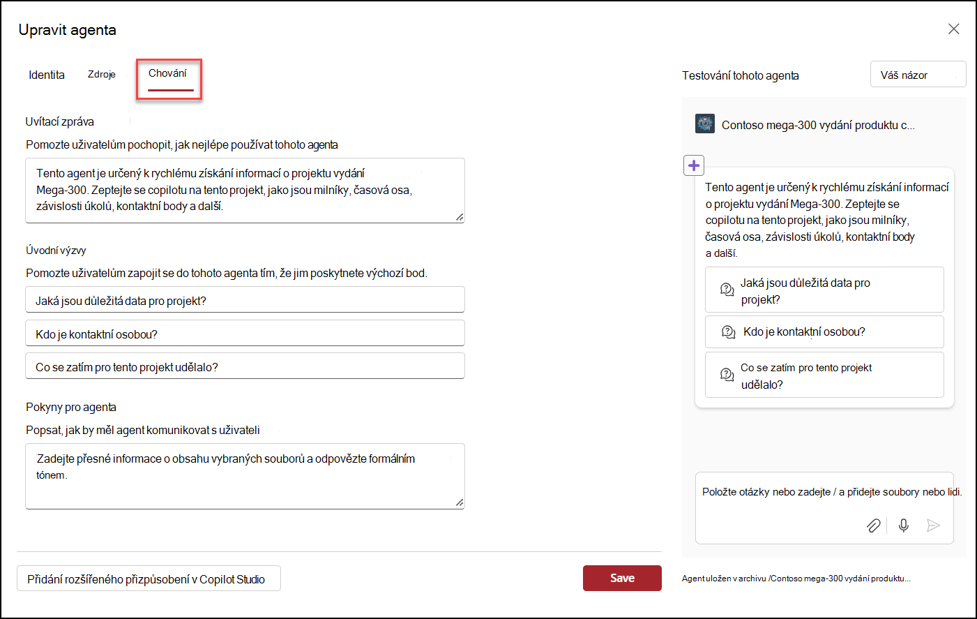 snímek obrazovky úpravy chování agenta Copilotu