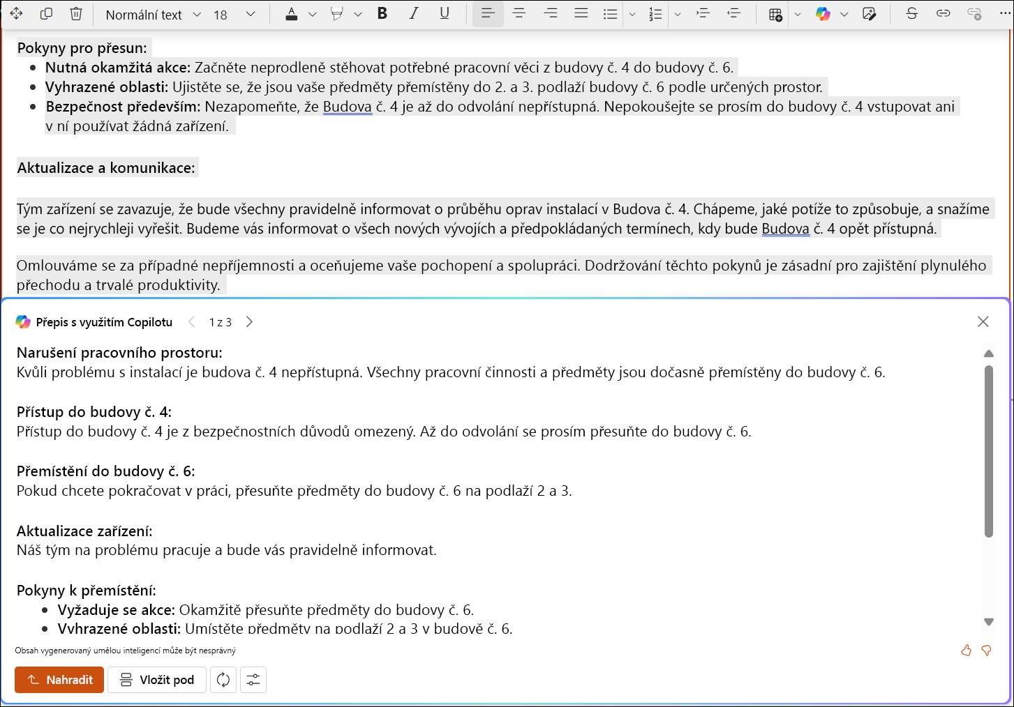 snímek obrazovky navrhovaných úprav dlouhého textu ve sharepointu.