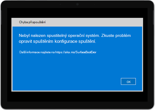 Modrá obrazovka s názvem Chyba spuštění a zprávou, že chcete zkontrolovat konfiguraci spouštění.