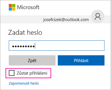 Snímek obrazovky se zaškrtávacím políčkem Zůstat přihlášení na přihlašovací stránce služby Outlook.com