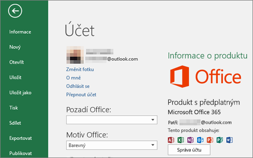 Účet Microsoft spojený s Office je uvedený v okně účtu aplikace Office