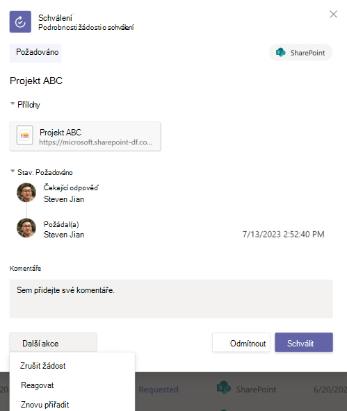 Snímek obrazovky s podrobnostmi o žádosti o schválení v aplikaci