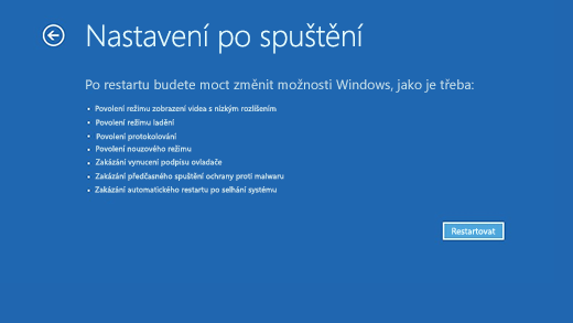 Obrazovka Nastavení spouštění v prostředí Windows Recovery Environment