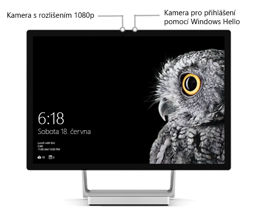 Obrázek displeje Surface Studio s popisky identifikujícími polohu obou fotoaparátů v blízkosti středu v horní části