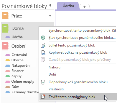Snímek obrazovky s postupem zavření poznámkového bloku ve OneNotu 2016