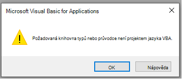 Snímek obrazovky s chybou v okně Microsoft Visual Basic for Applications