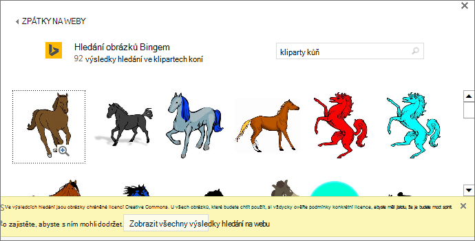 Vyhledávání s výrazem „kůň klipart“ vám nabídne různé obrázky s licencí Creative Commons.