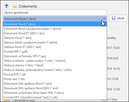 Klikněte na rozevírací seznam s typem souboru a vyberte pro dokument jiný formát souboru.