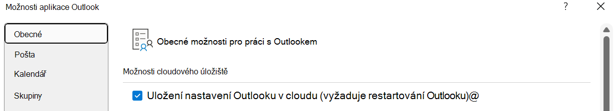 Možnost Uložit nastavení Outlooku do cloudu (vyžaduje restartování Outlooku) by měla být povolená, pokud chce uživatel importovat nastavení do nového Outlooku pro Windows.