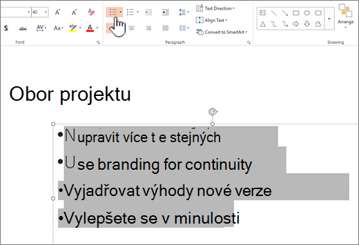 Vybraný text s použitými odrážkami