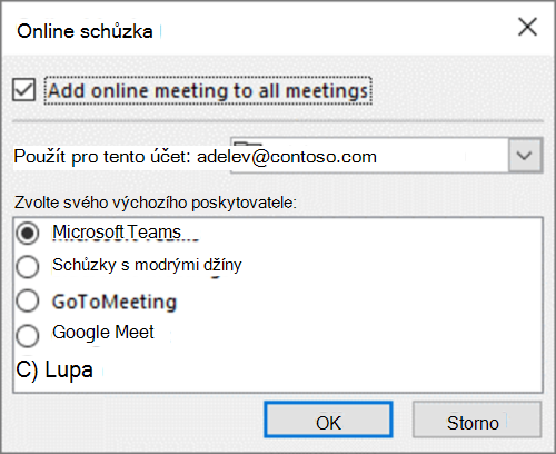 Outlook ve Windows – výběr výchozího poskytovatele online schůzek