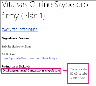 Příklad uvítacího e-mailu, který jste dostali po registraci do Online Skypu pro firmy. Obsahuje vaše uživatelské ID Office 365.