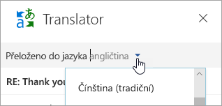 Snímek obrazovky s oknem doplňku Translator