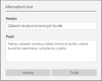 Dialogové okno pro přidání alternativního textu ve OneNotu pro Windows 10