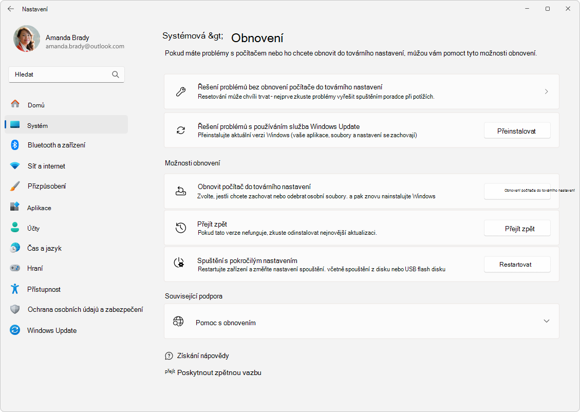 Snímek obrazovky s nastavením – Systém – Obnovení