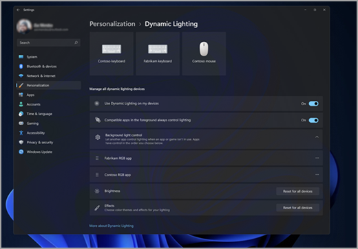 Stránka Dynamické osvětlení v nastavení Windows 11.