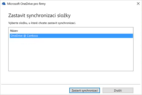 Snímek obrazovky dialogu Zastavení synchronizace složky