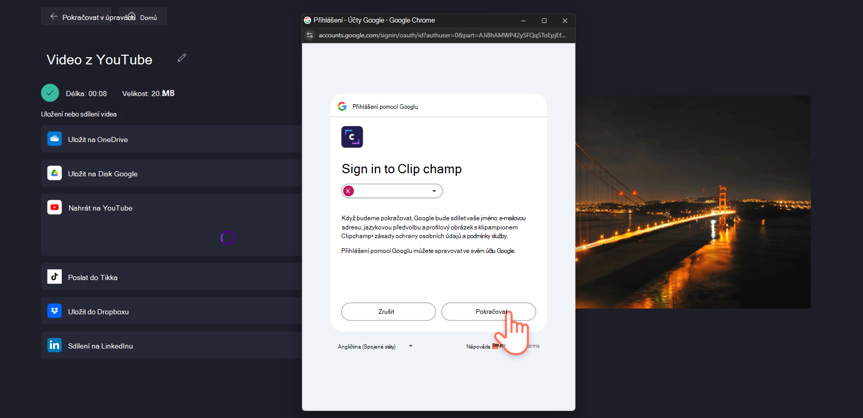 Snímek obrazovky s Clipchamp uživatelem, který se přihlašuje k Clipchamp prostřednictvím automaticky otevíraného okna YouTube