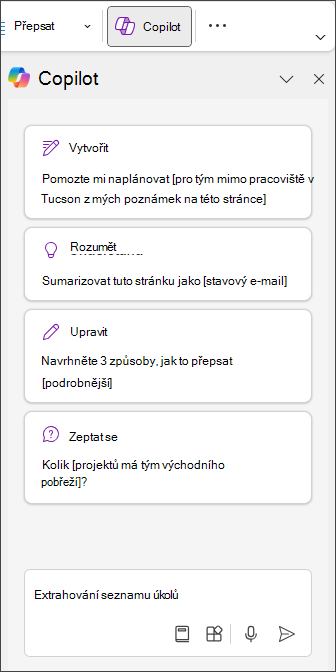 Typ Extract To Do List (Extrahovat seznam úkolů) v podokně Copilot ve OneNotu