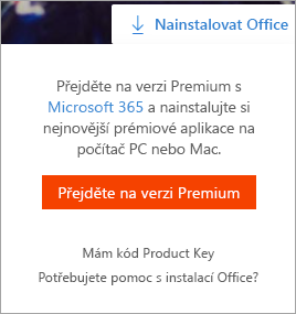 Zpráva s nabídkou přechodu na verzi Premium zobrazená po kliknutí na tlačítko Nainstalovat Office