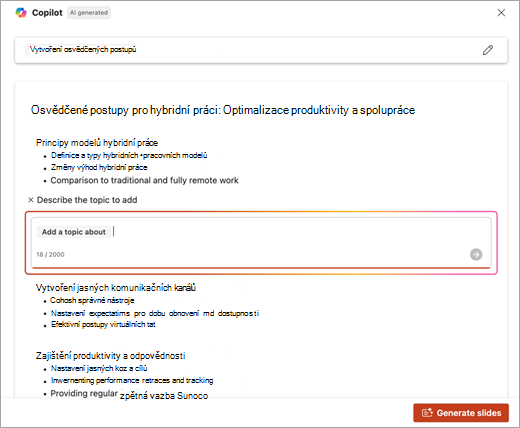 Snímek obrazovky s umístěním pro zadání popisu tématu přidaného při použití aplikace PowerPoint Copilot.