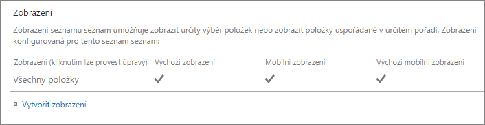 Oddíl zobrazení seznamu v nastavení seznamu