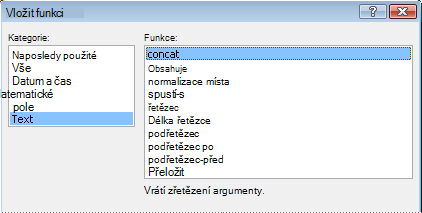 Concat function selected in Insert Function dialog box