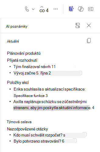 Poznámky umělé inteligence se vyplňují v chatu v Teams