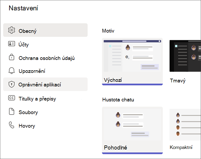Snímek obrazovky s nastavením Teams z profilu studenta Oprávnění aplikace jsou zvýrazněná.