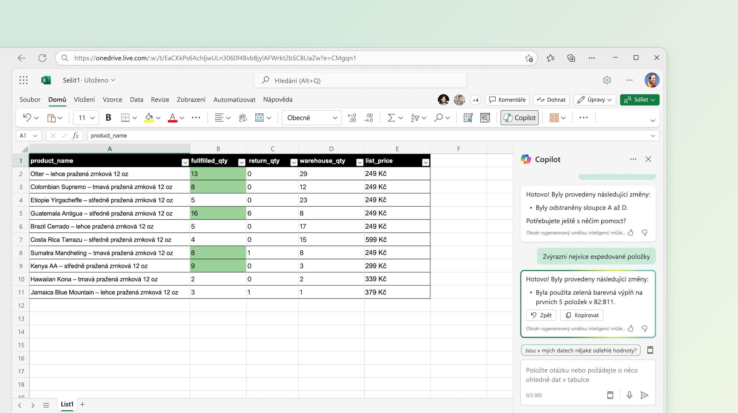 Snímek obrazovky znázorňující Copilota v Excelu, který provádí změny v existujících datech.