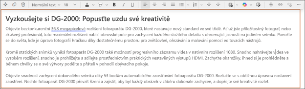 Poté – příklad použití úpravy tónu pomocí copilotu v bohatém sharepointovém textovém editoru