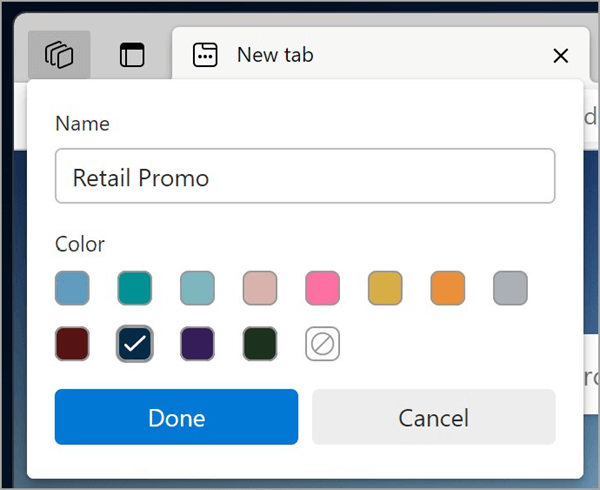 Přizpůsobte si název a barvu pracovního prostoru v pracovních prostorech Microsoft Edge.